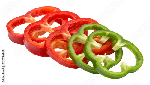 Bell pepper slices arranged in a diagonal row showcase the vibrant colors and fresh quality of healthy organic vegetables.