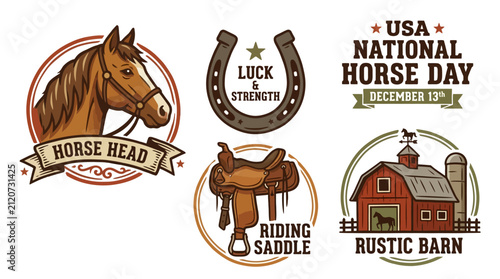 Set of Vintage Illustration Emblems Featuring Horse Riding Gear and Rustic Barns for National Horse Day Celebrations