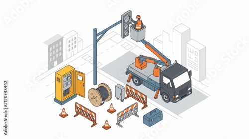 Construction site with utility truck and worker on lift.