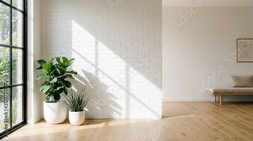 Bright minimalist living room interior with white brick wall, wooden floor, and indoor house plants by the window