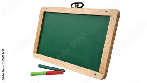 Chalkboard with wooden frame sits on a white surface next to two colorful pieces of chalk ready for writing notes, providing ample blank copy space for educational or business announcements.