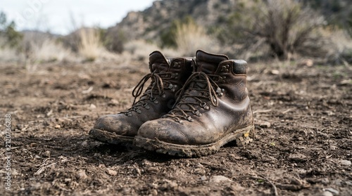 Pair of well-worn hiking boots resting on dry, rocky ground in a natural outdoor environment.