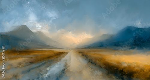 Scenic Road Leading To Mountains Abstract Oil Painting Background
