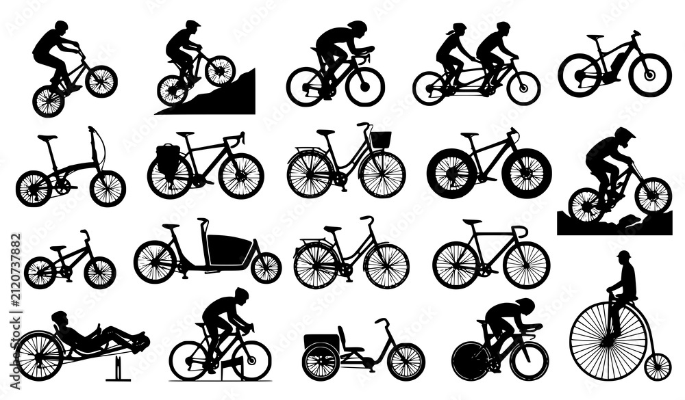 Fototapeta premium Cycling Bicycle Silhouette Collection with BMX Freestyle Mountain and Electric Bikes Vector