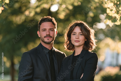 Young Business Man and Woman Standing Together in Green Park
