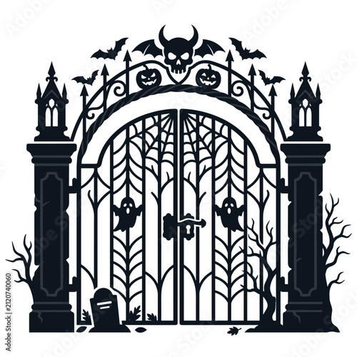 Spooky Ornate Cemetery Gate with Horned Skull — Gothic Halloween Silhouette with Bats, Ghosts, and Spiderwebs
