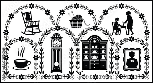 Cozy home life stencil silhouette collection featuring rocking chair grandfather clock cabinet tea and family arches