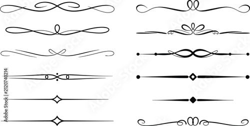 Vintage calligraphic divider set featuring elegant black line flourishes swirls and decorative paragraph text border elements