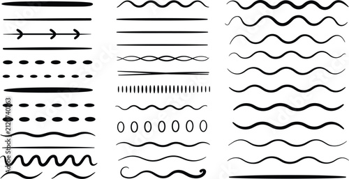 Hand drawn wavy underline lines and dashed border brush strokes vector set for text highlight decoration