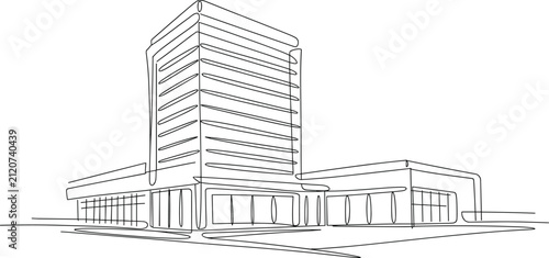 Modern commercial office building exterior sketch drawing featuring contemporary corporate headquarters architecture and financial center facade