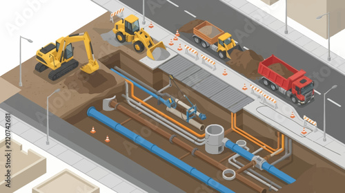 Construction site with underground utility pipes and heavy machinery.