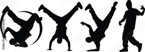 Set of black breakdancing silhouettes featuring urban hip-hop dancers in dynamic poses like headspin and handstand for sports, music, and street culture themes