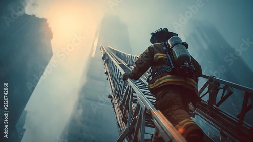 Firefighter climbing an extension ladder up a tall skyscraper amid thick smoke