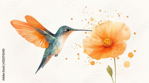 Vibrant hummingbird approaching delicate orange flower with splashes of color in artistic watercolor style
