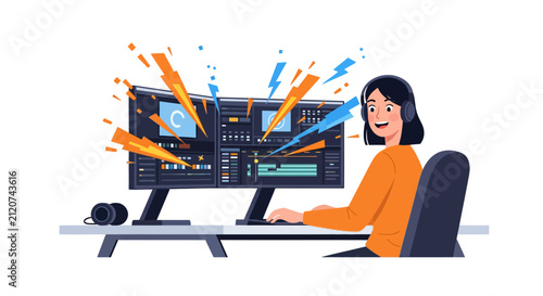 A happy woman with headphones editing video on a dual-monitor computer setup, surrounded by energetic visual effects, with a camera on her desk.
