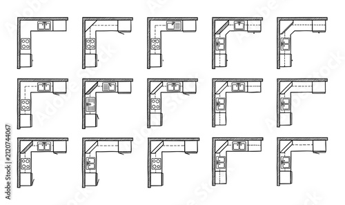 L-shaped kitchen layout symbols for architectural design, interior planning, home renovation