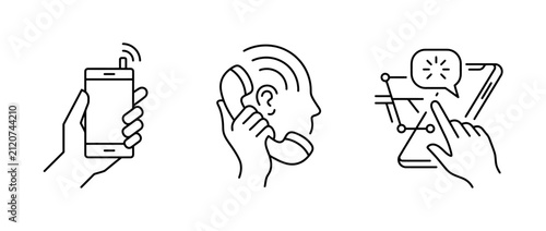 Line art illustrations of smartphone hearing and alarm clock features for accessibility and wellness