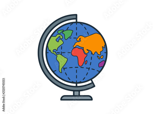 A colorful world globe illustration with a stand - ideal for educational materials, travel concepts, global business, environmental topics, maps, geography, and children's content