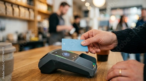 Customer making a contactless payment with a credit card at a local coffee shop counter