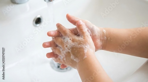 Child washing hands with white soap bubbles.