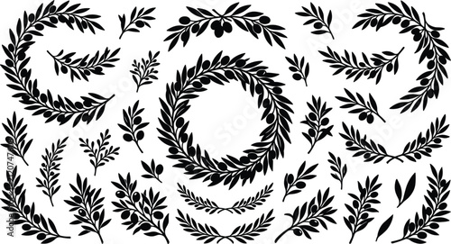 Olive branch silhouette vector collection featuring leaves wreaths borders and decorative botanical elements for elegant Greek or Mediterranean design themes