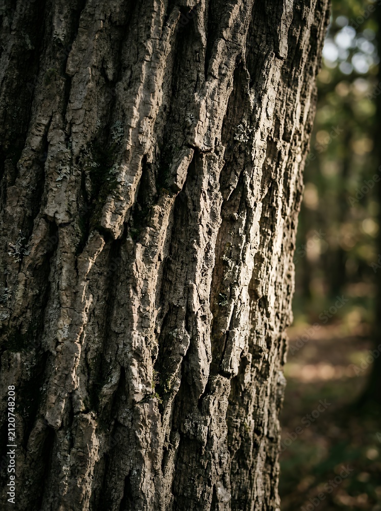 Fototapeta premium Close-up of rough tree bark texture in a forest setting.
