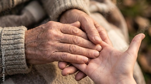 Close-up of young hands holding an elderly hand.