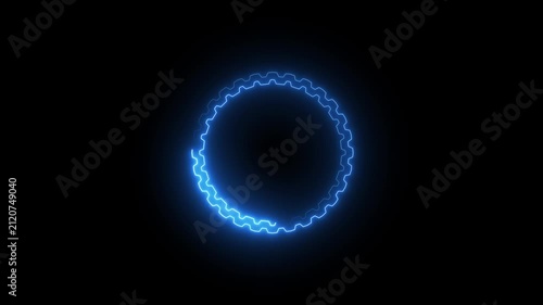 Glowing blue neon gear wheel shape on black background