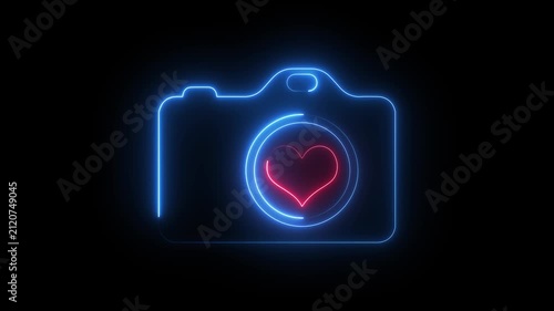 Neon blue camera icon with red heart symbol