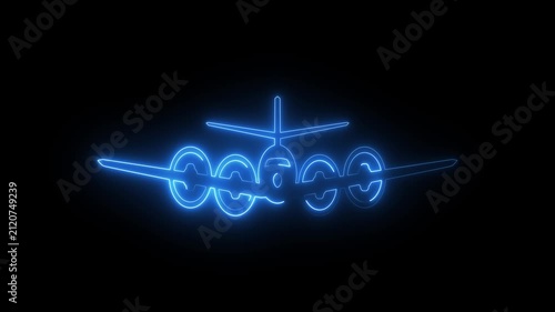 Glowing blue neon airplane icon on black background