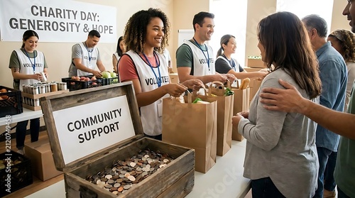 Community volunteers packing food bags for charity donation event.