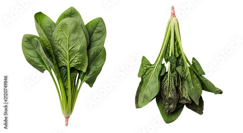 Fresh spinach leaves on stem close up.