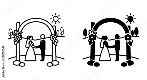 Obraz na plátně Wedding Arch Ceremony Icons, Bride and Groom Silhouette, Outdoor Vows, Vector Se