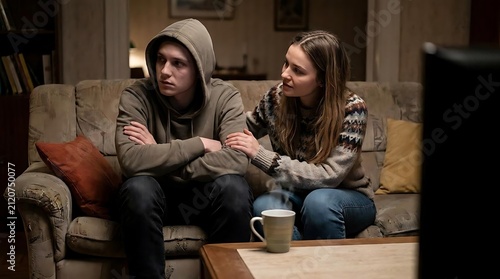 Concerned woman comforting troubled man on living room couch.