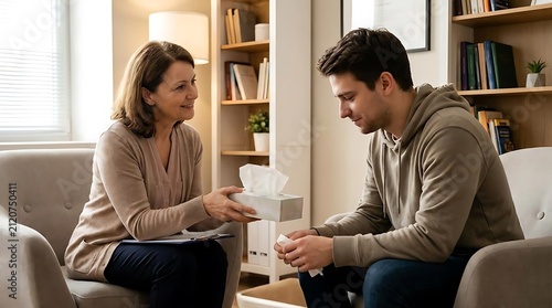 Counselor offering tissue to man during therapy session.