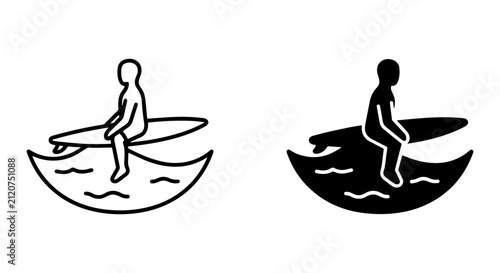Surfer Icon, Sitting on Surfboard in Water, Vector Art, Black and White Line Drawing