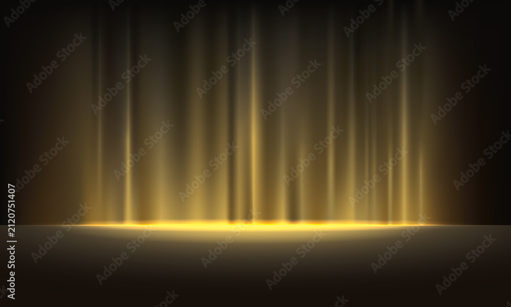 Fototapeta premium Abstract dark horizontal image with golden vertical light beams forming a luxury stage curtain.