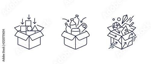 Minimalist line art illustration of an open cardboard box with various items