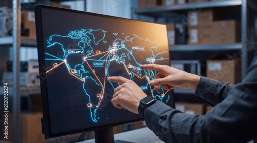 Hands interacting with holographic global supply chain map in logistics hub for digital tracking