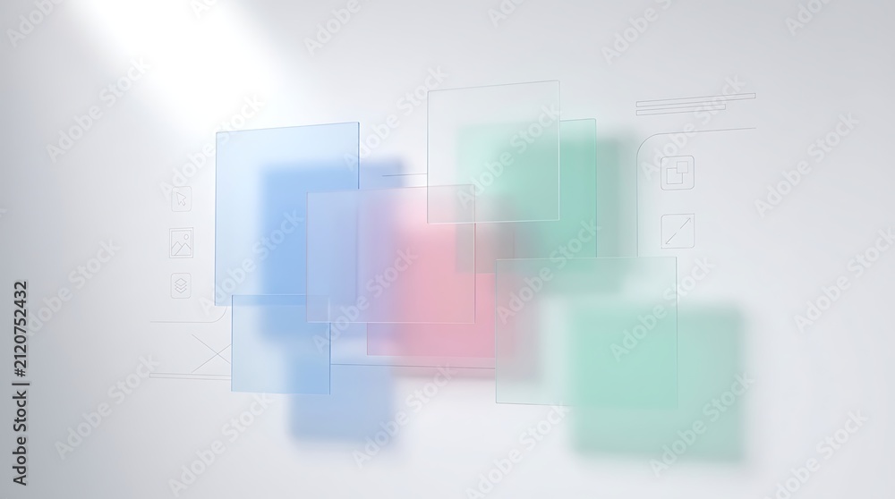Fototapeta premium Colorful geometric shapes floating on a light background.