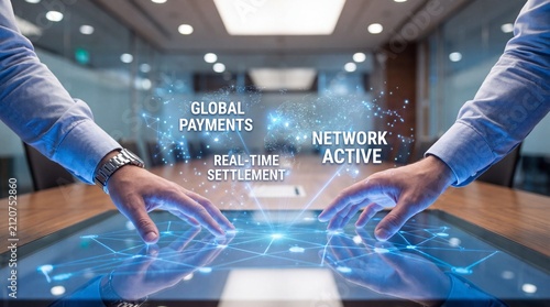Business hands operating global payments and real-time settlement holographic interface