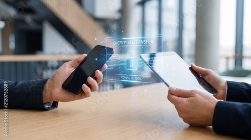 Hands transfer encrypted data between smartphone and tablet using holographic interface in office