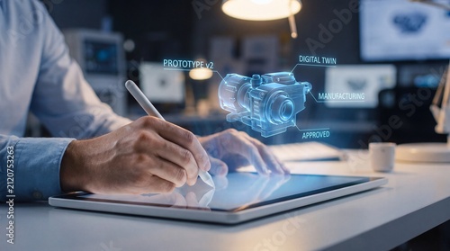 Industrial designer uses tablet to review holographic digital twin prototype for manufacturing