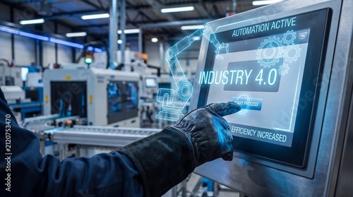 Factory worker starts automated process using holographic industry 4.0 touchscreen