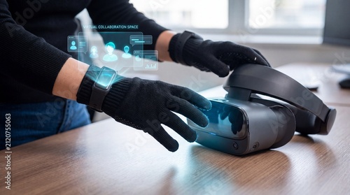 Hands with smart glove control holographic virtual collaboration interface from VR headset on desk
