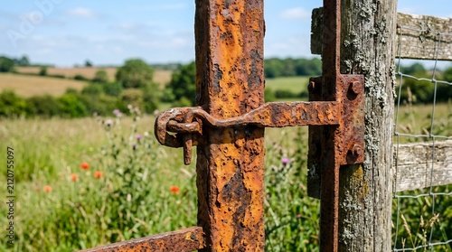 Rusty Farm Gate Latch in a Rural Landscape.