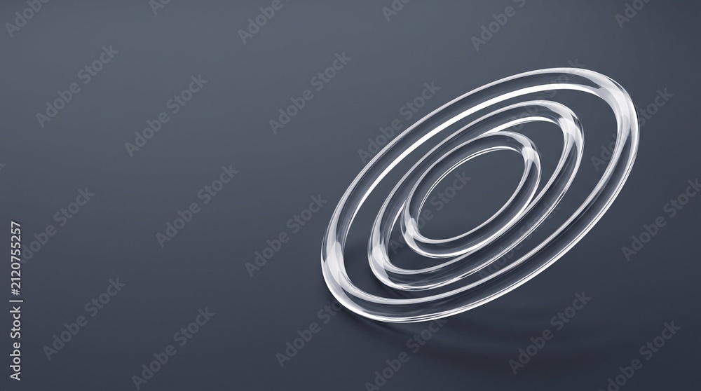 Naklejka premium Minimalist glass concentric tri oval orbital ring node with crystal refraction on dark slate background widescreen