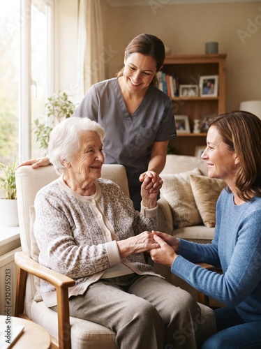 Elderly senior woman receiving care and support from her daughter and a professional caregiver at home