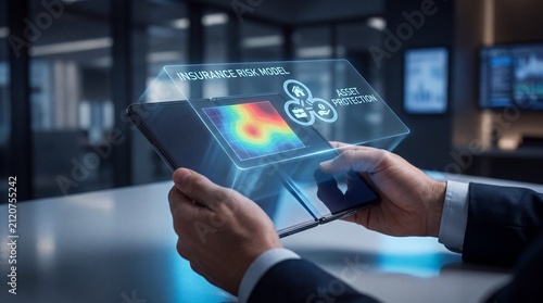 Hands interacting with holographic insurance risk and asset protection data