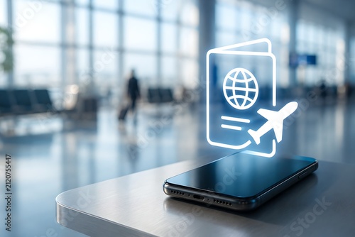 Smartphone with Passport Travel Icon in Blurred Departure Hall